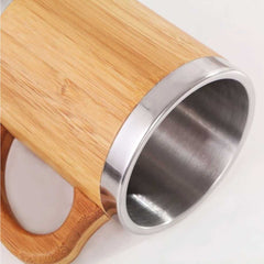 Custom Printed Bamboo And Stainless Steel Coffee Travel Mug With Handle And Lid - Stainless Steel | Logo Branding Corporate Gift | UAE Delivery | Yalla Printing UAE