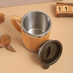 Custom Printed Bamboo And Stainless Steel Coffee Travel Mug With Handle And Lid - Stainless Steel | Logo Branding Corporate Gift | UAE Delivery | Yalla Printing UAE