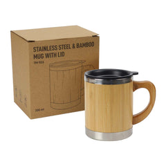 Custom Printed Bamboo And Stainless Steel Coffee Travel Mug With Handle And Lid - Stainless Steel | Logo Branding Corporate Gift | UAE Delivery | Yalla Printing UAE