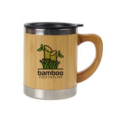 Custom Printed Bamboo And Stainless Steel Coffee Travel Mug With Handle And Lid - Stainless Steel | Logo Branding Corporate Gift | UAE Delivery | Yalla Printing UAE