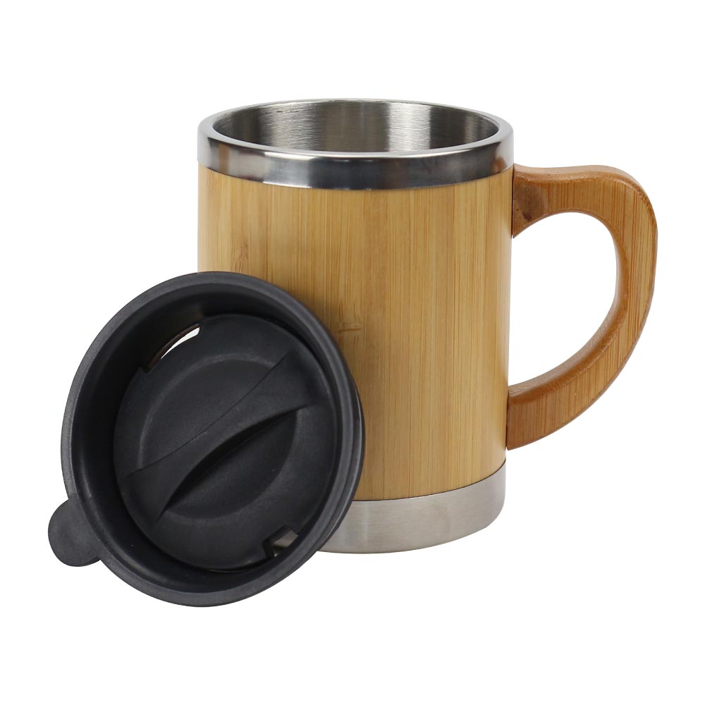 Custom Printed Bamboo And Stainless Steel Coffee Travel Mug With Handle And Lid - Stainless Steel | Logo Branding Corporate Gift | UAE Delivery | Yalla Printing UAE