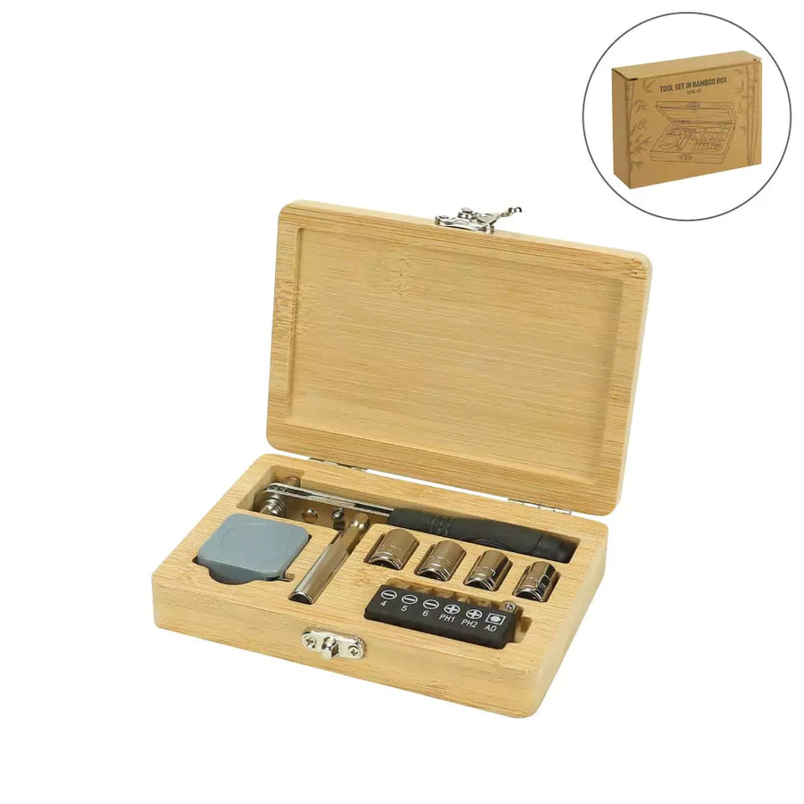 Tool Kit in Bamboo Box with Silver Lock | Custom Packaging Printing | Free Design Support | Yalla Printing UAE