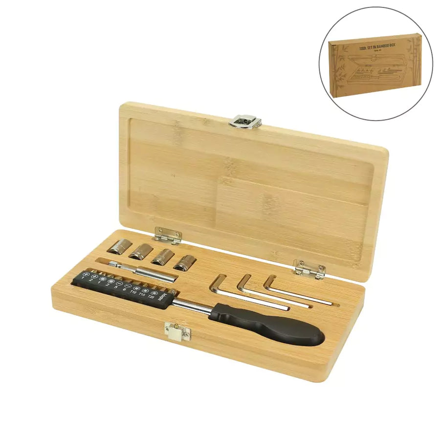 Tool Set in Bamboo Box with Silver Lock | Custom Packaging Printing | Free Design Support | Yalla Printing UAE