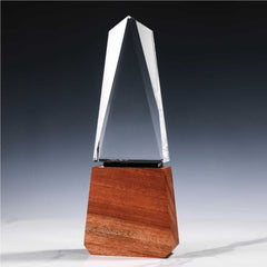 Custom Printed Tower Shaped Crystal Awards With Wooden Base | Custom Packaging Printing | Free Design Support | Yalla Printing UAE