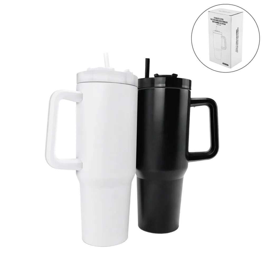 Mugs – Tumblers with Handle and Straw in Stainless Steel 1200ml | Custom Packaging Printing | Free Design Support | Yalla Printing UAE