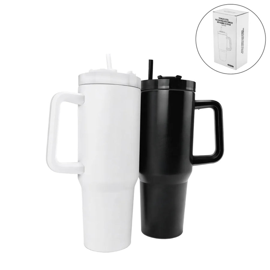 Mugs – Tumblers with Handle and Straw in Stainless Steel 1200ml | Custom Packaging Printing | Free Design Support | Yalla Printing UAE