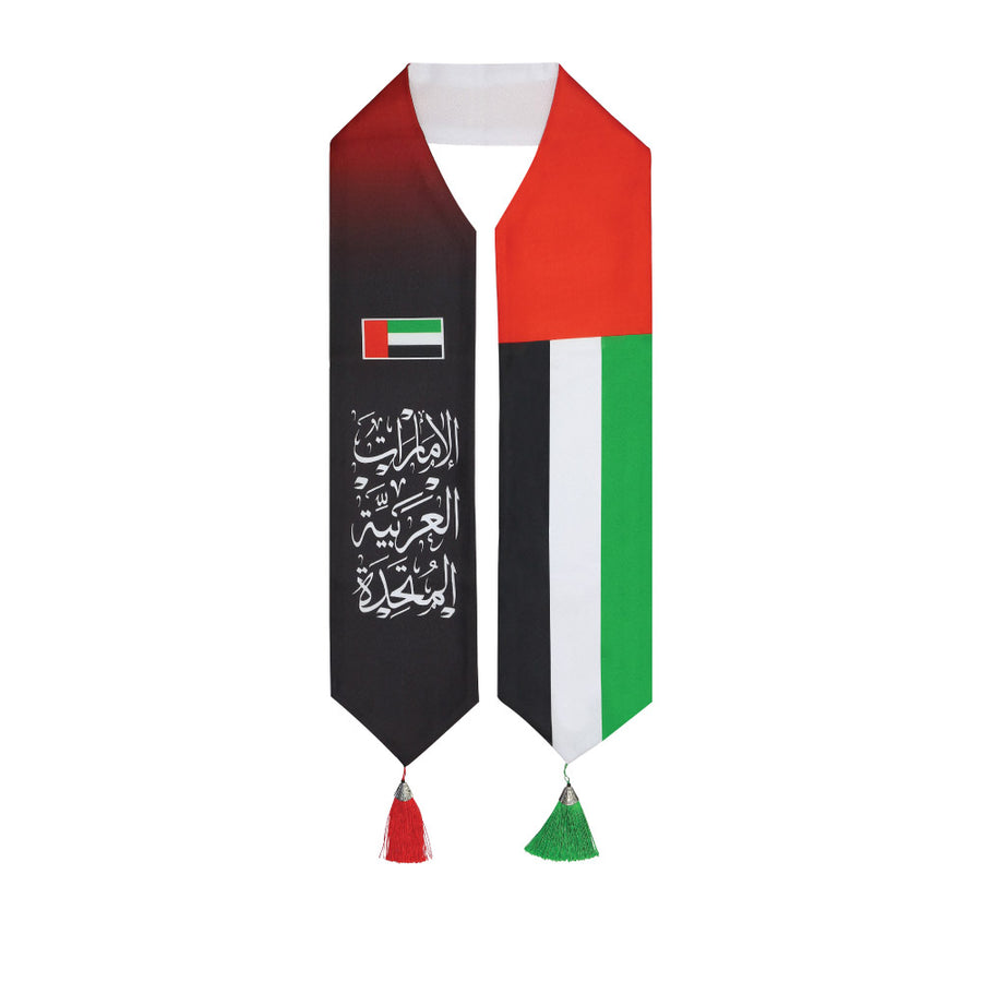 Custom Printed UAE Flag Scarf With Arabic Writing, Red & Green Tassel | Exhibitions, Conferences, Corporate Events | Yalla Printing UAE