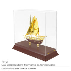 Custom Printed UAE Golden Dhow Memento In Wooden Base And Acrylic Case | Logo Branding Corporate Gift | UAE Delivery | Yalla Printing UAE