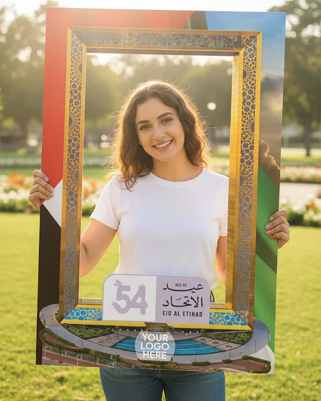 UAE National Day Golden Selfie Frame – 120 × 80 cm | “Dubai Frame Edition” 54th Eid Al Etihad Photo Booth Frame | Yalla Printing UAE