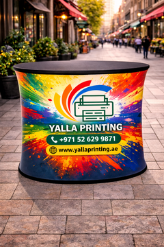 Custom Printed Hydraulic Tension Fabric Table 78 x 100 cm with Oval Table Top – Single Side Tension Fabric Display Counter | Logo Branding Corporate Gift | UAE Delivery | Yalla Printing UAE