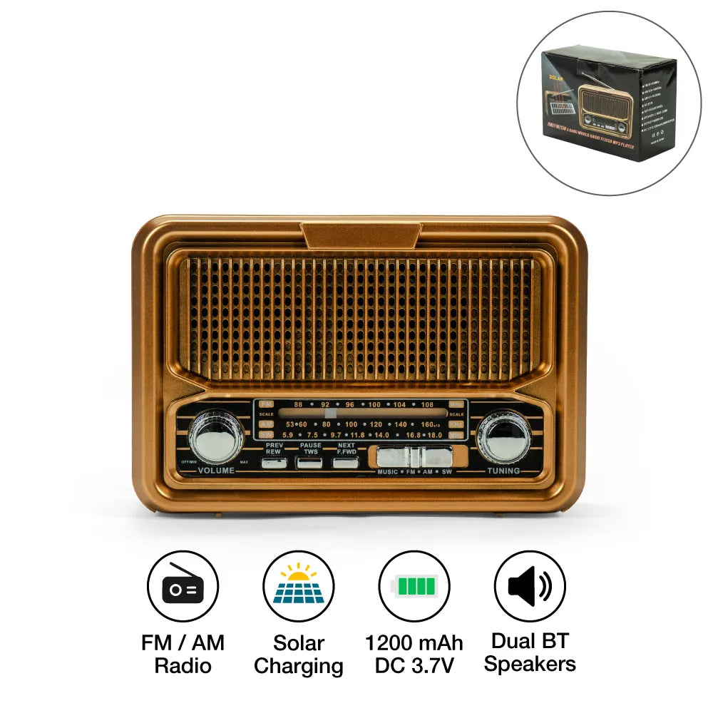 Custom Printed Vintage Design Bluetooth Speaker With Radio And Solar Panel | Logo Branding Corporate Gift | UAE Delivery | Yalla Printing UAE