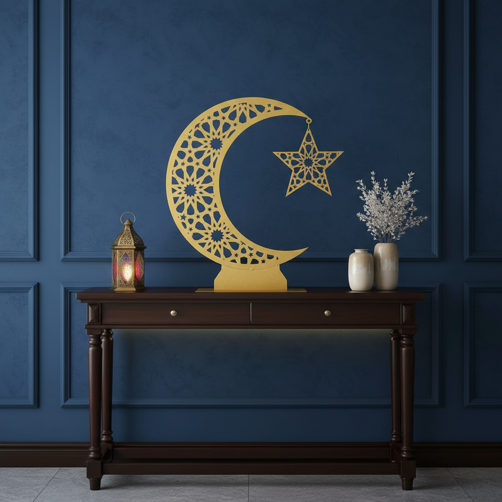 Ramadan Crescent Moon Metal Stand – 60 cm | Spray-Painted Finish | Edge LED Light Variant | Yalla Printing UAE