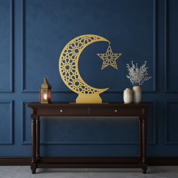 Ramadan Crescent Moon Metal Stand – 60 cm | Spray-Painted Finish | Edge LED Light Variant | Yalla Printing UAE