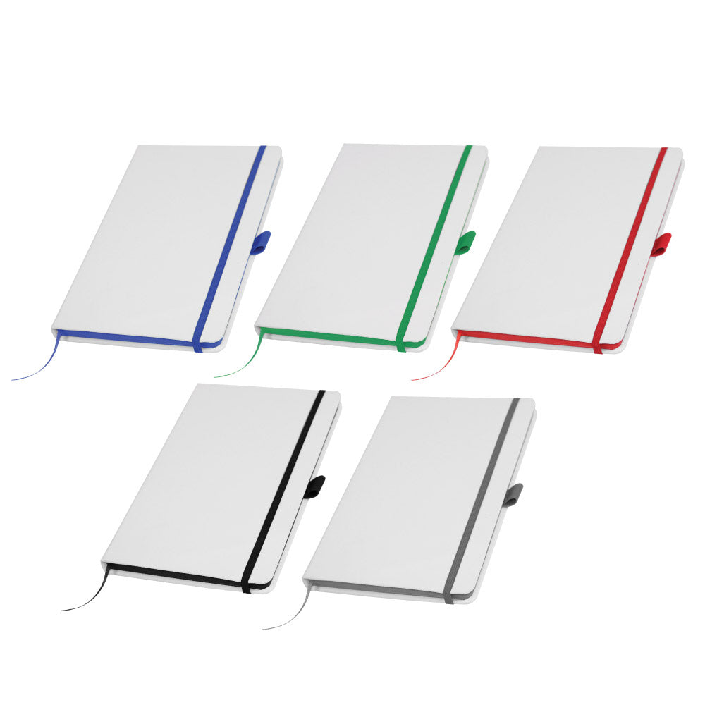 Custom Printed White Pu Leather Cover A5 Notebooks Band Bookmark Loop | Logo Branding Corporate Gift | UAE Delivery | Yalla Printing UAE