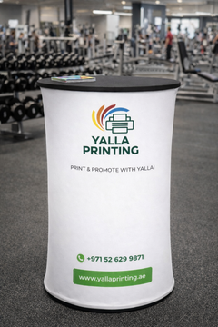 Custom Printed Standard Fabric Pillar Table with Round Table Top – Tension Fabric Display Counter with Single Side Print | Professional Business Printing | Free Design Support | Yalla Printing UAE