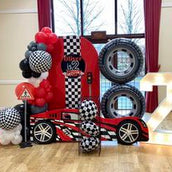 Ultimate Racing Birthday Decor Set - 5 Cutouts: Custom Backdrop, 3D Number, Race Car, and Tire Props