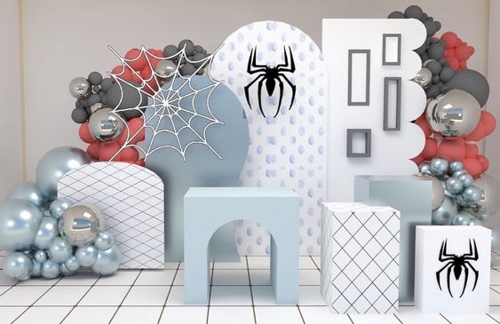 Spider-Themed Birthday Decor Set - 6 Unique Cutouts: Spider Web, Arch Panel with Spider, Building Silhouette, and More