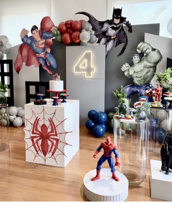 Superhero Adventure Birthday Decor Set - 7 Cutouts: Superheroes, Number, Spider Panel, and Building Silhouettes