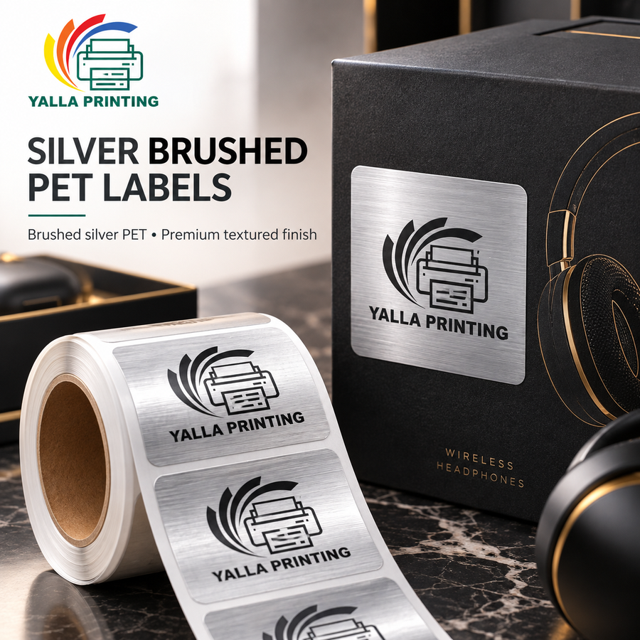 Silver Brushed PET Labels — Yalla Printing product image