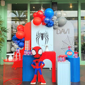 Spider Hero Birthday Decor - 4 Cutouts: Iconic Spider Backdrop, Building Silhouette, and Hero Character