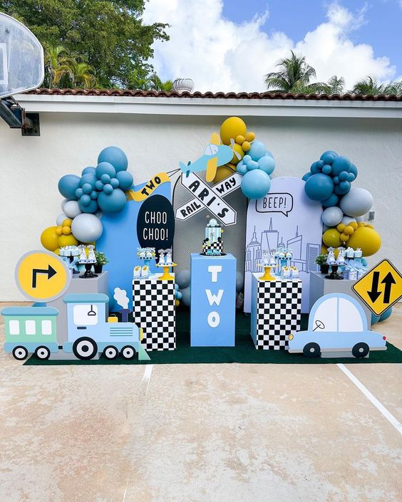 Train-Themed Birthday Decor - 6 Cutouts: Train, Car, Personalized Railway Backdrop, and Street Signs