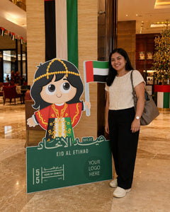 Emirati Girl Character Cutout 70x120cm | Customized Eid Al Etihad Event Standee – Yalla Printing UAE