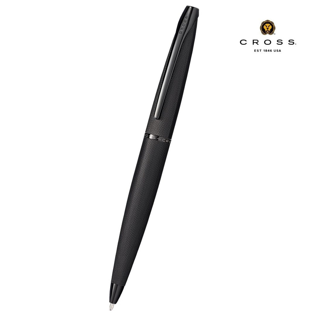 Custom Printed Cross ATX® Brushed Black with Machine-Turned Diamond Pattern Engraving with Polished Black PVD Appointments Ballpoint Pen (Blue Ink)