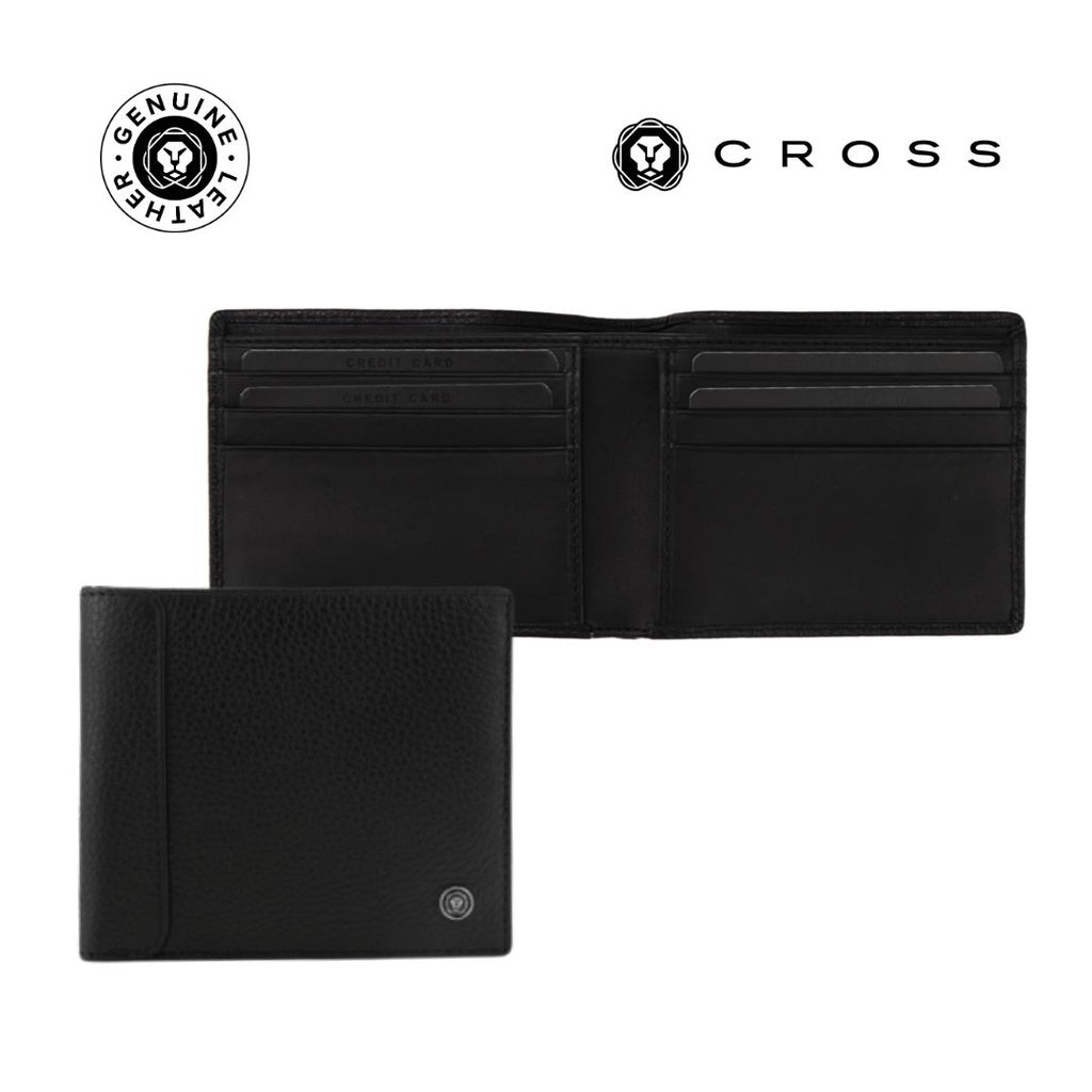 Custom Printed CROSS Pebble Leather 8CC Classic Fold Wallet - Black