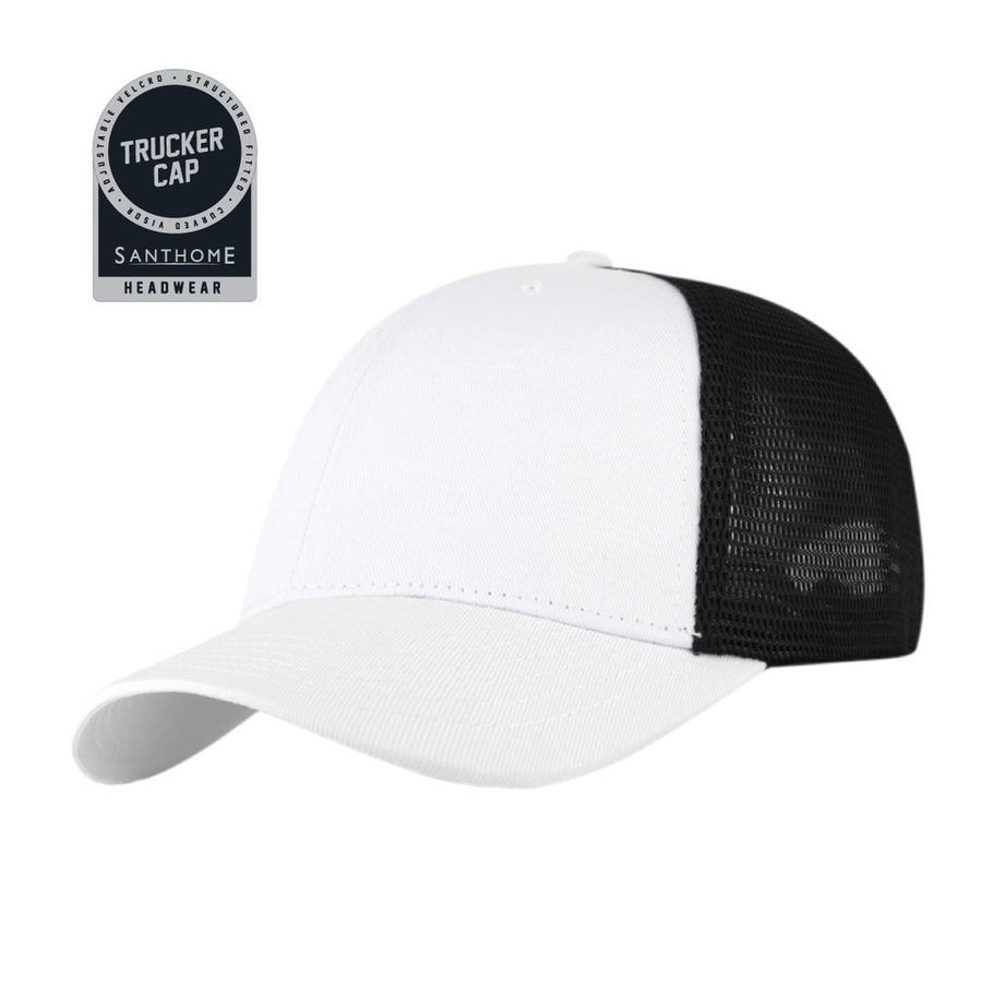 Custom Printed SWIFT Santhome 6-Panel Trucker Cap – White & Black