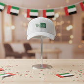 UAE National Day Cap – 54th Eid Al Etihad Edition | Premium White Cotton Cap with National Emblem Print | Yalla Printing UAE