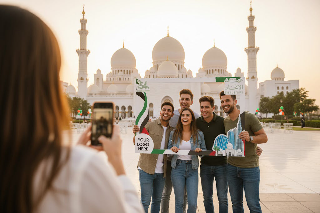 UAE National Day Horizontal Selfie Frame – 120 × 80 cm | “United in Our Journey” 54th Eid Al Etihad Foam Board Photo Booth Frame | Yalla Printing UAE