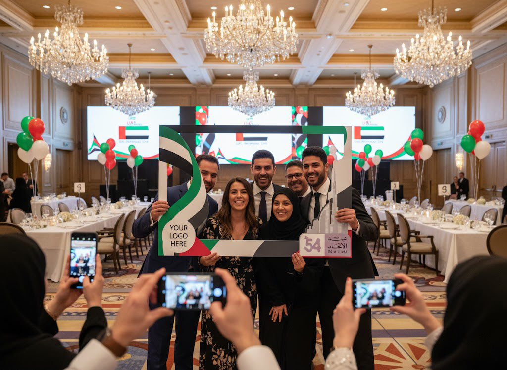 UAE National Day Horizontal Selfie Frame – 120 × 80 cm | 54th Eid Al Etihad “Flag & Skyline” Foam Board Photo Booth Frame | Yalla Printing UAE