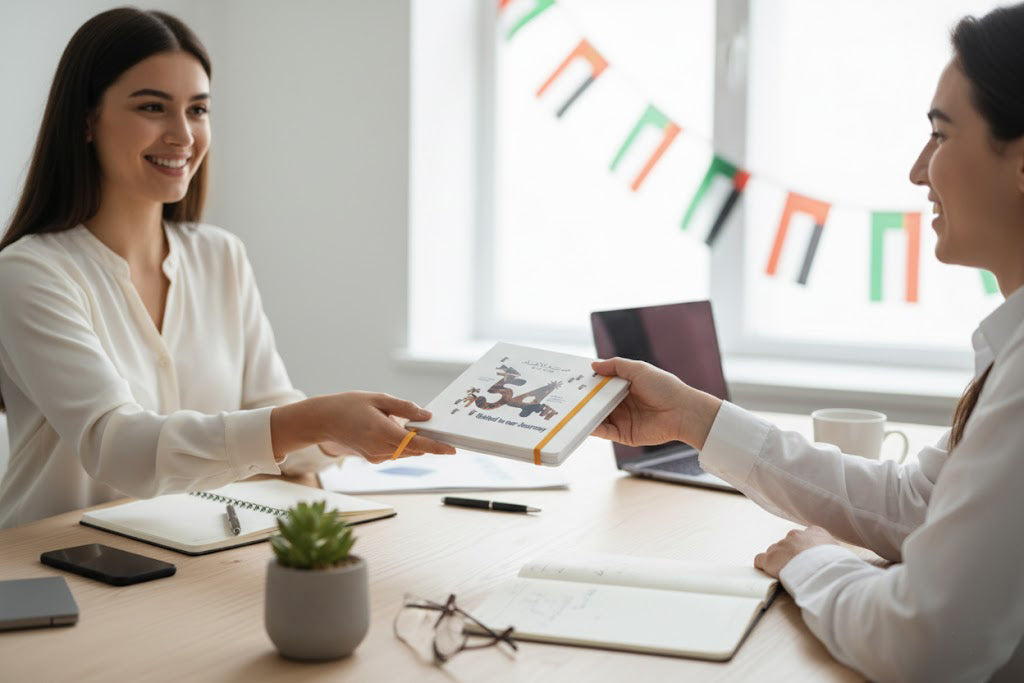 UAE National Day Notebook – 54th Eid Al Etihad Edition | “United in Our Journey” Hardcover Journal with Elastic Band | Yalla Printing UAE