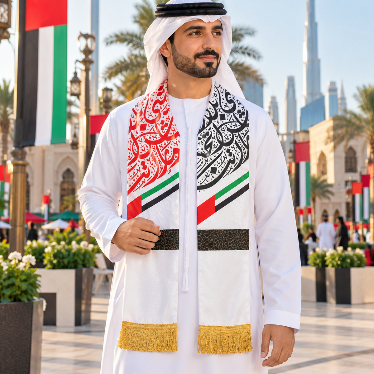 UAE National Day Red & Black Paisley Scarf with Gold Fringe