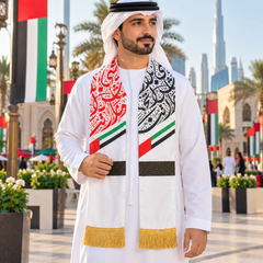 UAE National Day Red & Black Paisley Scarf with Gold Fringe