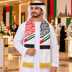 UAE National Day Red & Black Paisley Scarf with Gold Fringe – view 2