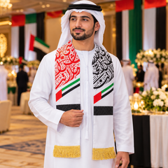UAE National Day Red & Black Paisley Scarf with Gold Fringe – view 3