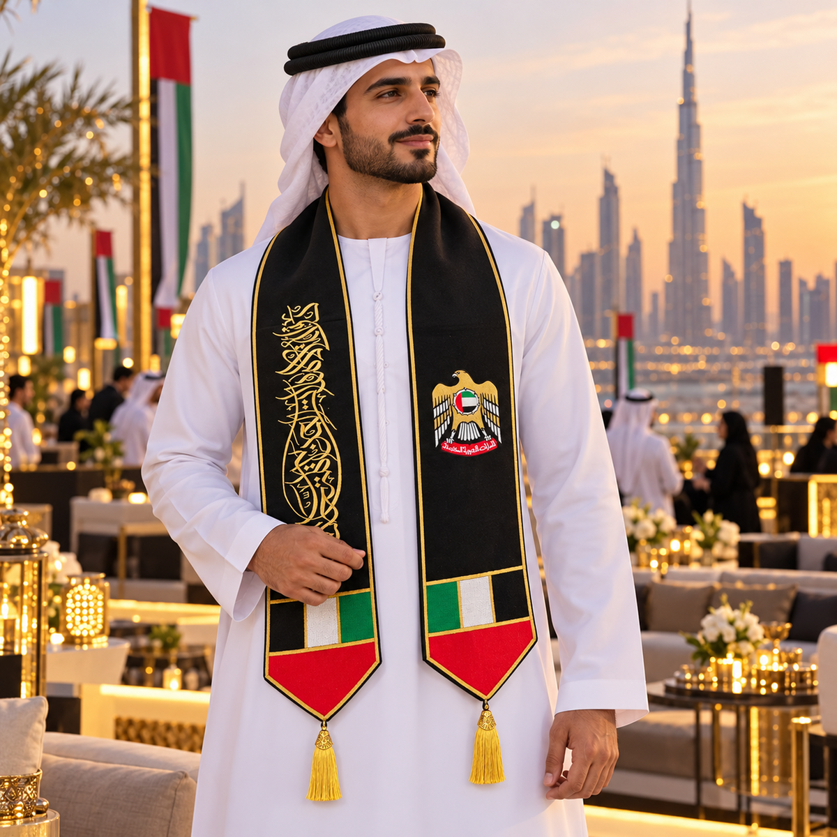 UAE National Day Black & Gold Falcon Heritage Stole Scarf