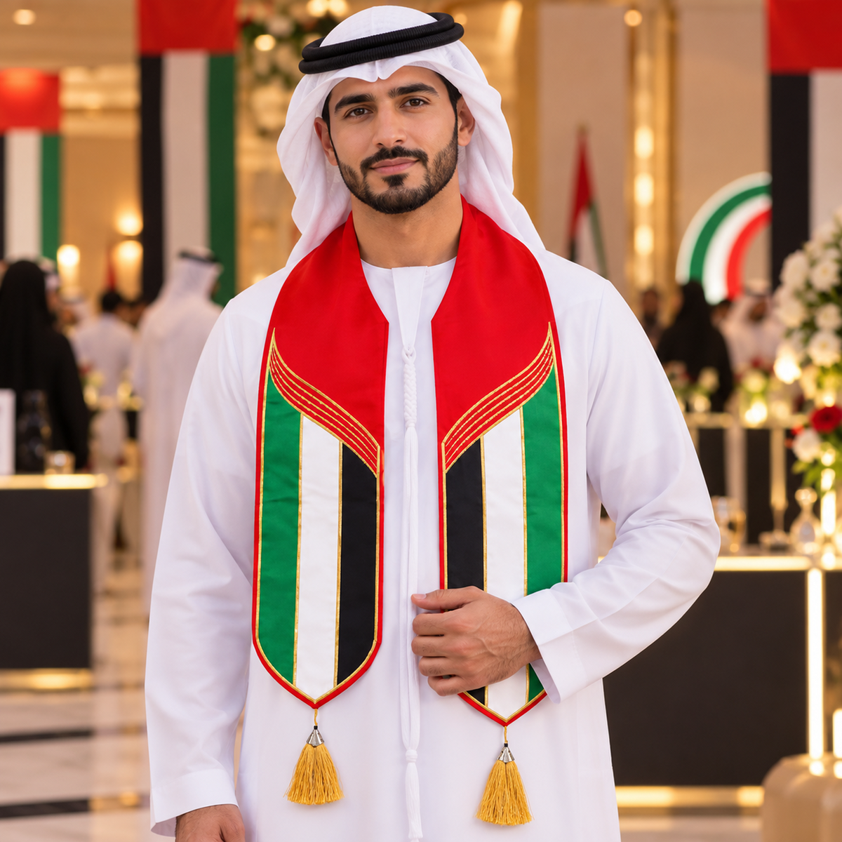 UAE National Day Red Flag Border Tassel Stole Scarf