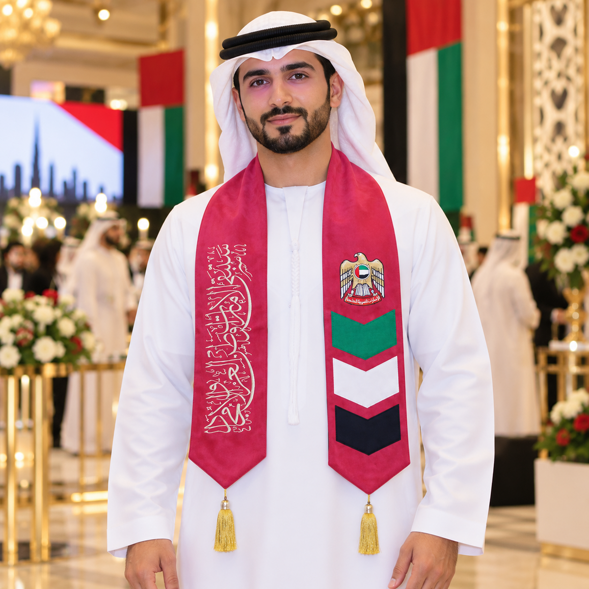 UAE National Day Red Chevron Calligraphy Stole Scarf