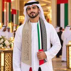 UAE National Day Cream Calligraphy Geometric Trim Stole Scarf