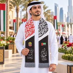UAE National Day Black & White Calligraphy Stole Scarf with Silver Fringe – view 3