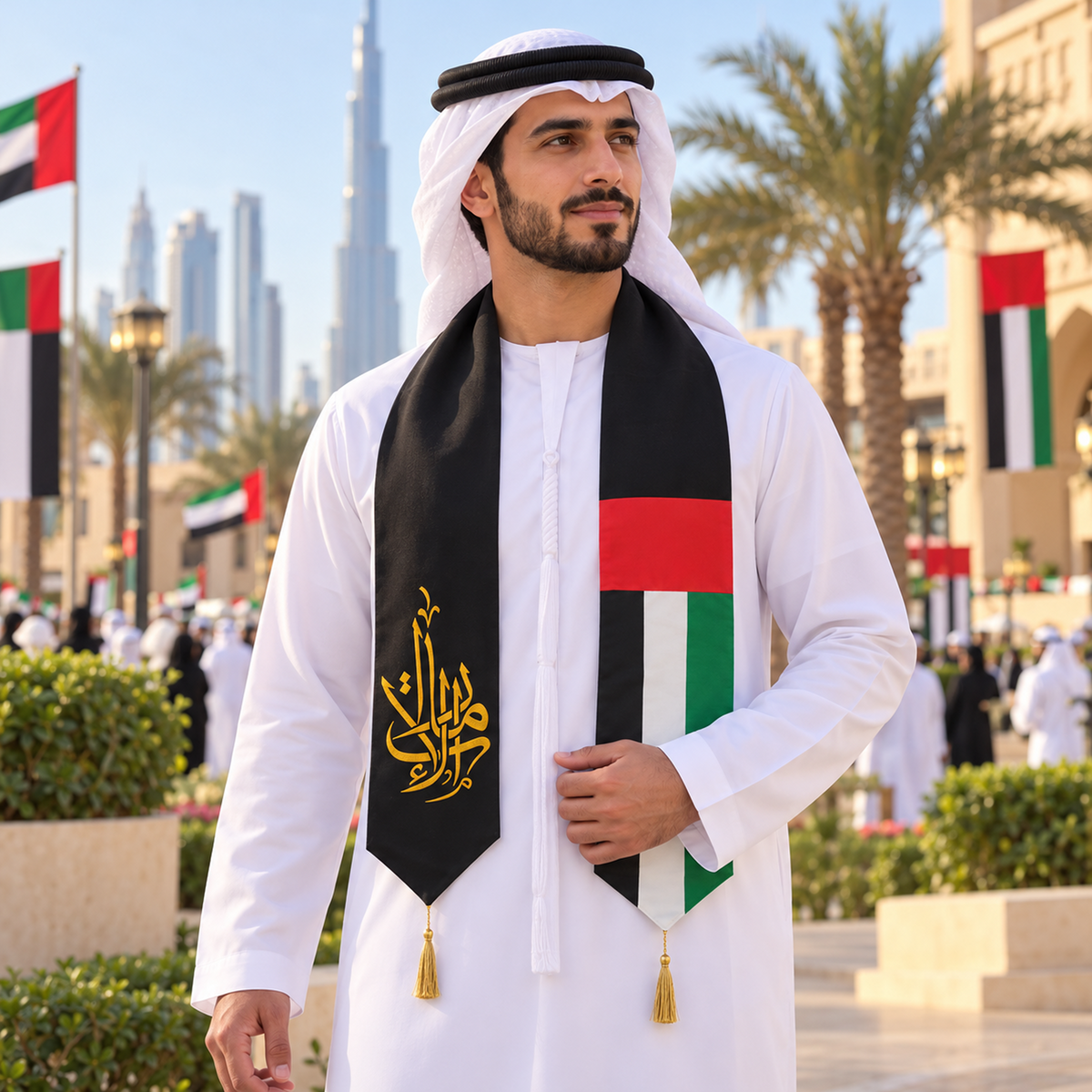 UAE National Day Gold Calligraphy Flag Stole Scarf