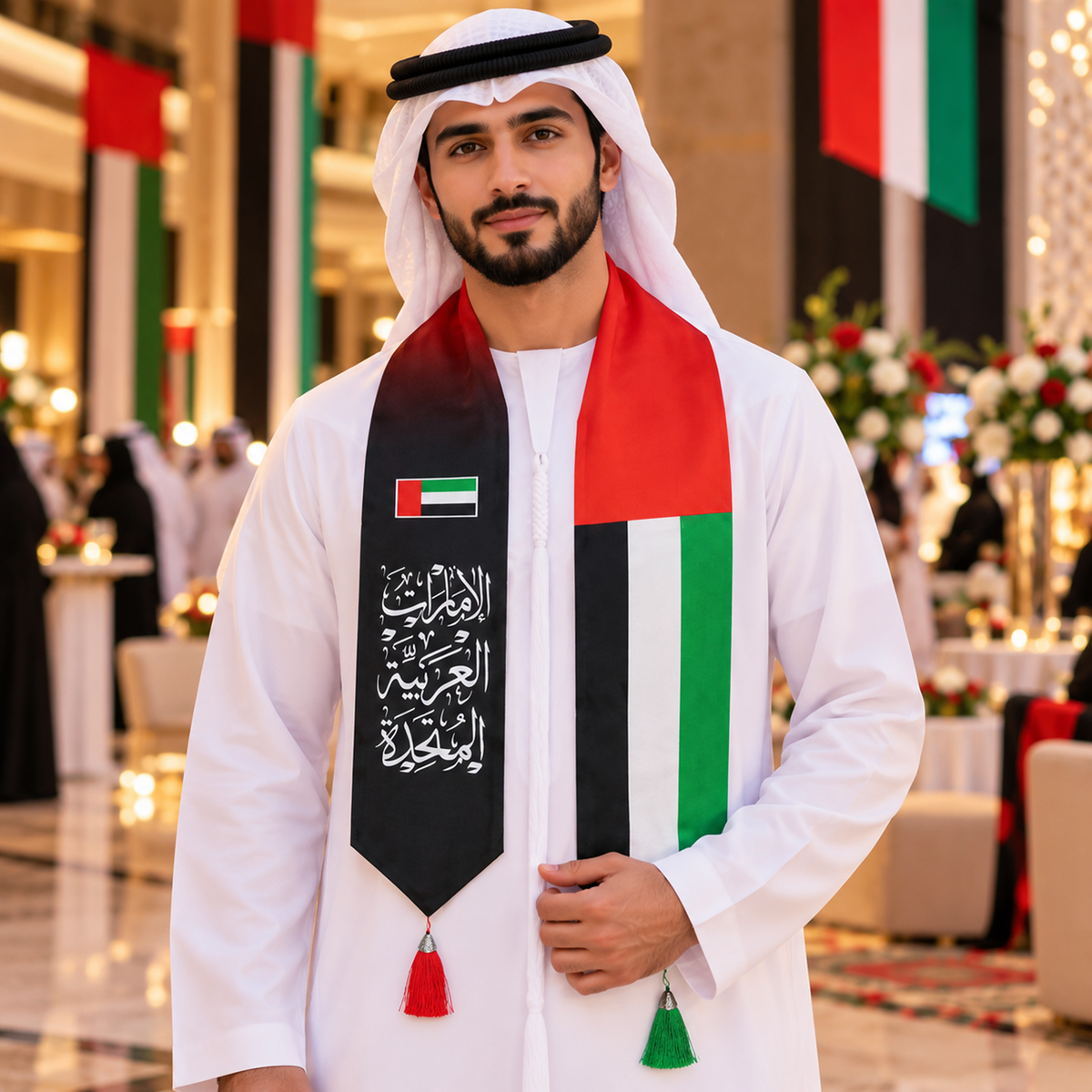 UAE National Day Red & Black Calligraphy Tassel Stole Scarf