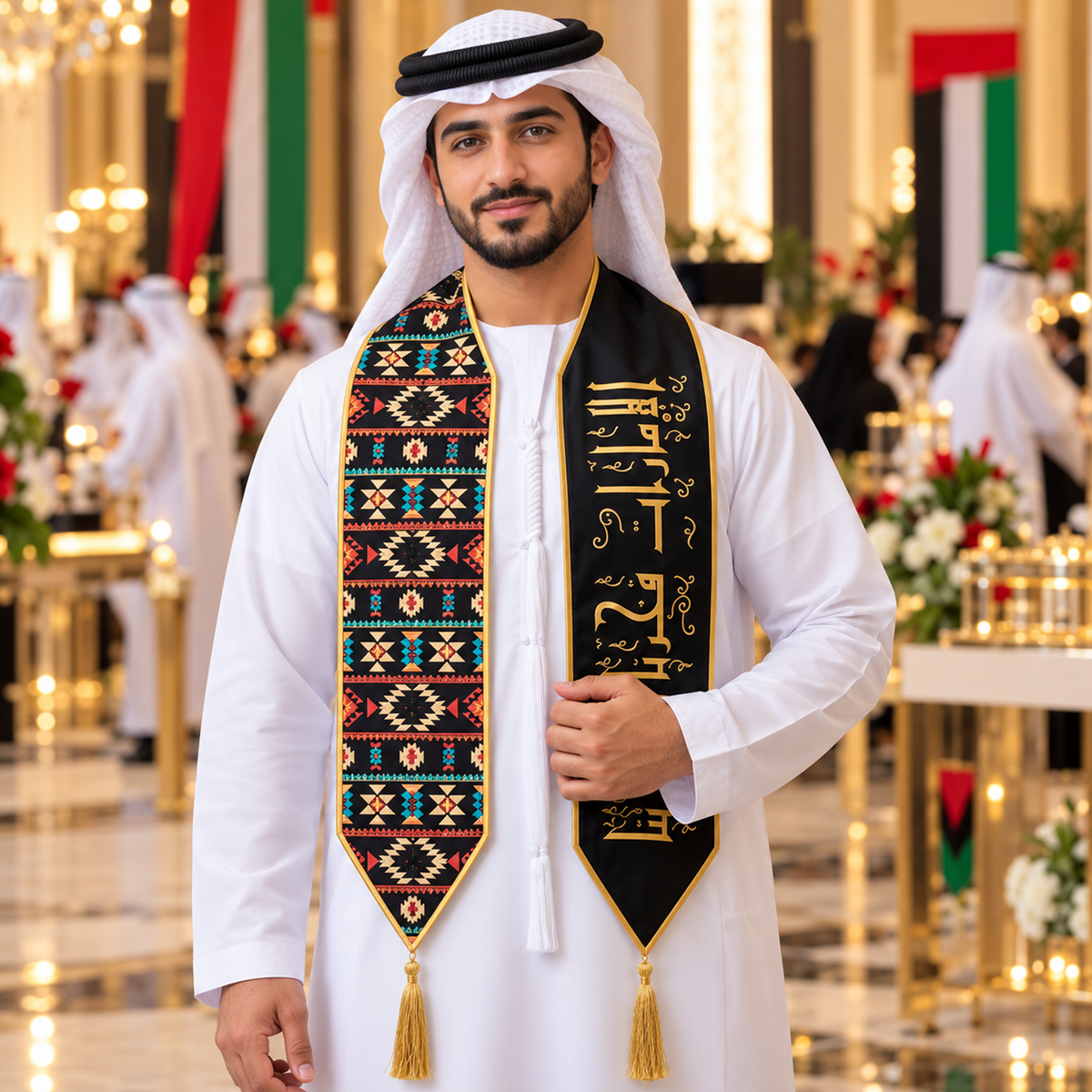 UAE National Day Black & Gold Sadu Pattern Stole Scarf