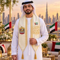 UAE National Day Cream & Gold Falcon Calligraphy Stole Scarf