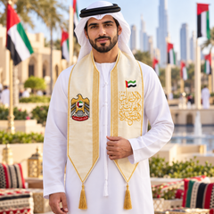UAE National Day Cream & Gold Falcon Calligraphy Stole Scarf – view 2