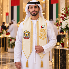 UAE National Day Cream & Gold Falcon Calligraphy Stole Scarf – view 3